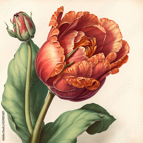 Dutch tulip flower as in vintage botanical illustration, victorian still life on creamy paper  background, made with generative ai