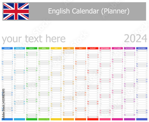 2024 English Planner Calendar with Vertical Months on white background
