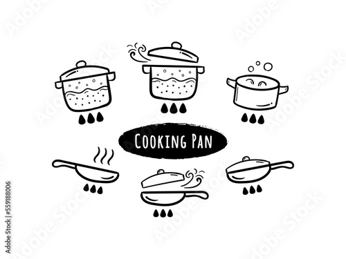 Cooking pan and pot vector line icons doodles. Kitchen utensil hand drawn illustration drawings