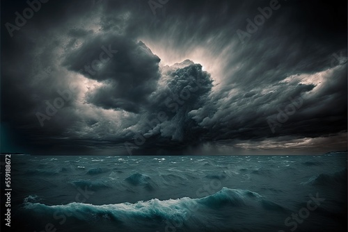a storm is coming over the ocean with a boat in the water below it and a boat in the water below it, with a dark sky with clouds and a few dark clouds above.