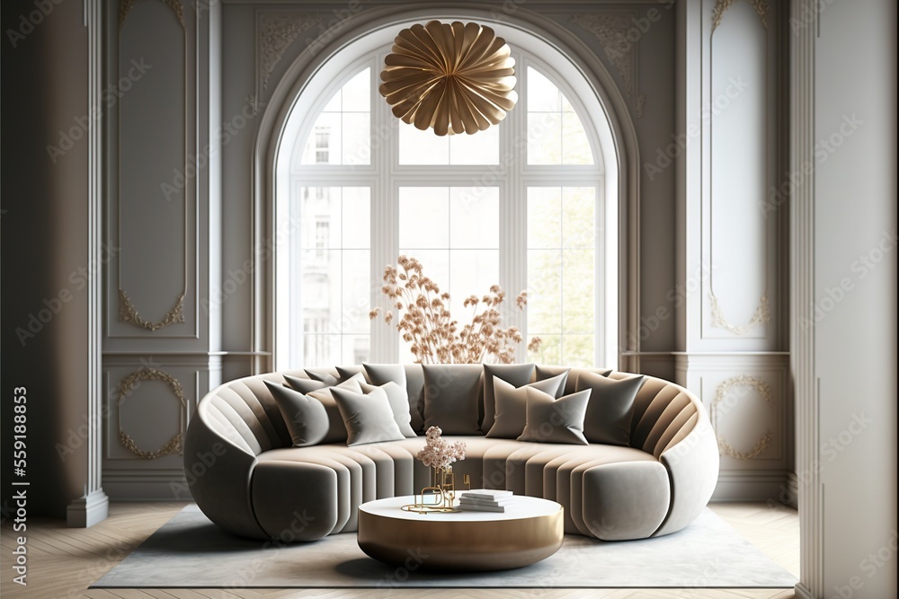 a living room with a round couch and a table in front of a large window