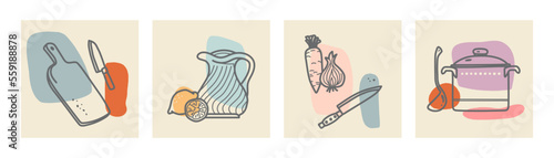 Set of various kitchenware, knifes, fruits and vegetables with colorful spots. Ink painting style. Hand drawn vector illustrations. Minimalistic elegant concept. All elements are isolated.