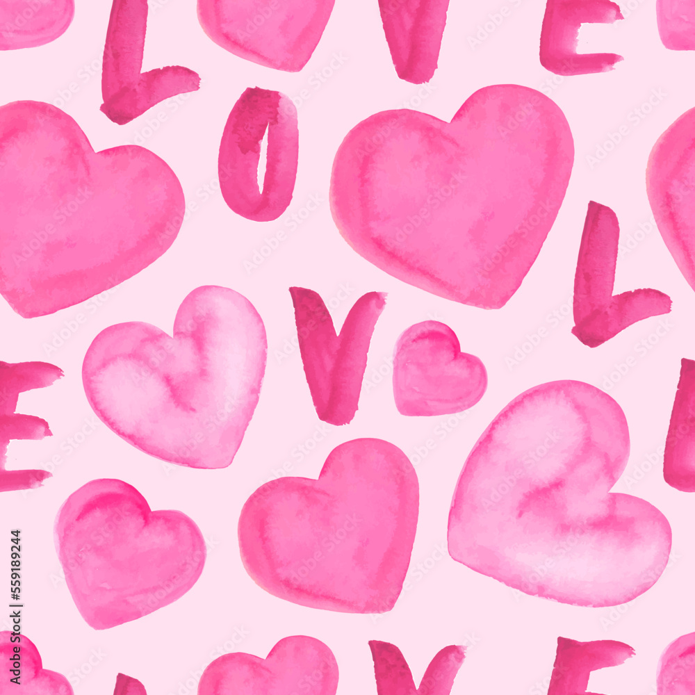 Valentine's day seamless pattern. Pink watercolor hearts and letters. Endless repeat romantic design. 