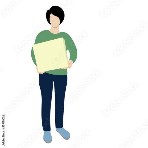 Girl with a big box in her hands, flat vector, isolated on white, faceless illustration, delivery