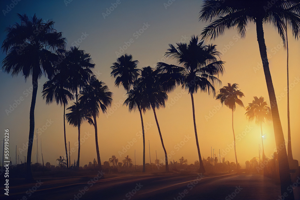Sunset with Palm trees, Generative AI