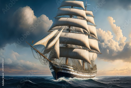 Fotografia a painting of a sailing ship in the ocean with a cloudy sky behind it and a sunbeam in the distance, with a few clouds in the sky, and a few clouds, and a few