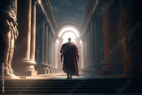 Leinwand Poster Julius Caesar seen from behind walking in the Roman coliseum
