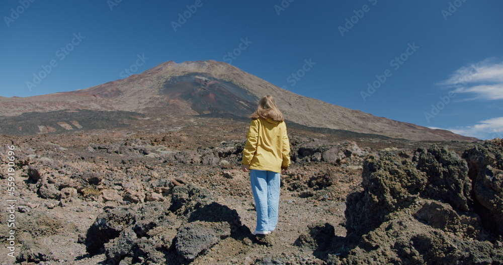 Traveler looking at volcanic rocky mountain landscape. Teide Nation Park, Spain.
