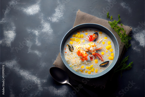 Suitalbe and proper healthy Chowder Crab Soup with shrimps and corn on concrete
