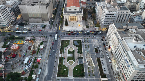 Aerial drone photo of famous neoclassic Municipal Theatre of Piraeus and recently renovated main square during Christmas period, Attica, Greece