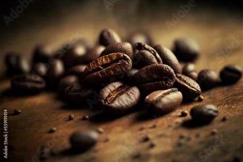  a pile of coffee beans on a wooden table with some coffee beans scattered around it on the table top, with a few scattered coffee beans on the table top of the pile, and., generative ai photo