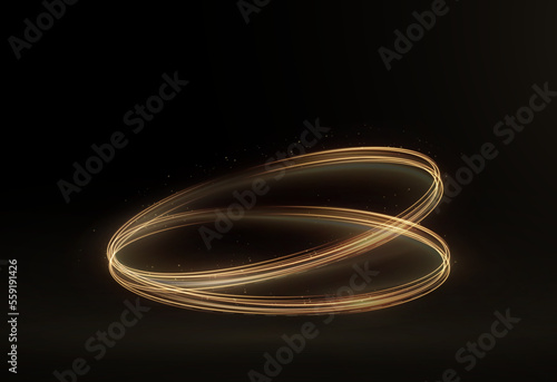 Light golden Twirl. Curve light effect of golden line. Luminous golden circle. Element for your design, advertising, postcards, invitations, screensavers, websites, games. 