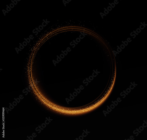 Magic light circle. Festive round frame with light effect and golden glitter dust. Light circle for your advertising, invitations, games, holiday words, shops, websites. Vector 100%.