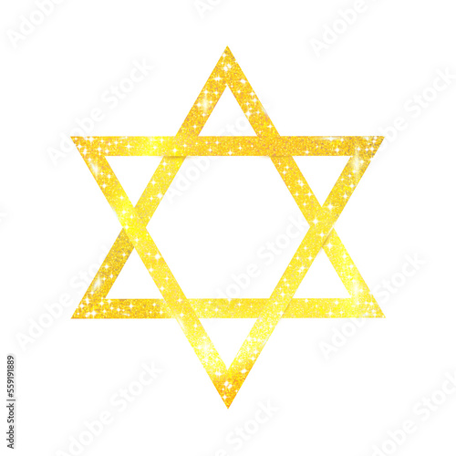 Golden texture crumbs, art icon David Star.Gold sign isolated. Jewelry hexagram. Png.