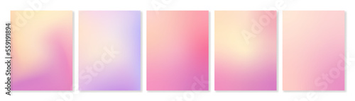 Set of 5 gradient backgrounds in delicate pinks, yellows and purples colors with soft transitions. Great for covers, branding, wallpapers, social media and more. Vector, can be used for web and print.