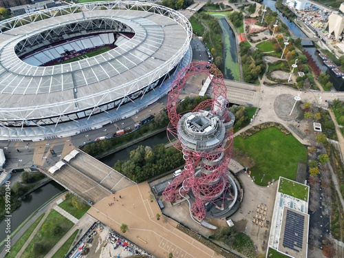 ArcelorMittal Orbit  Queen Elizabeth Olympic Park Stratford London drone aerial view.