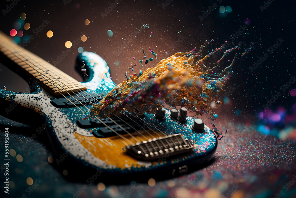 Bass guitar exploding with creative energy. Generative AI, this image is  not based on any original image, character or person. Stock Illustration