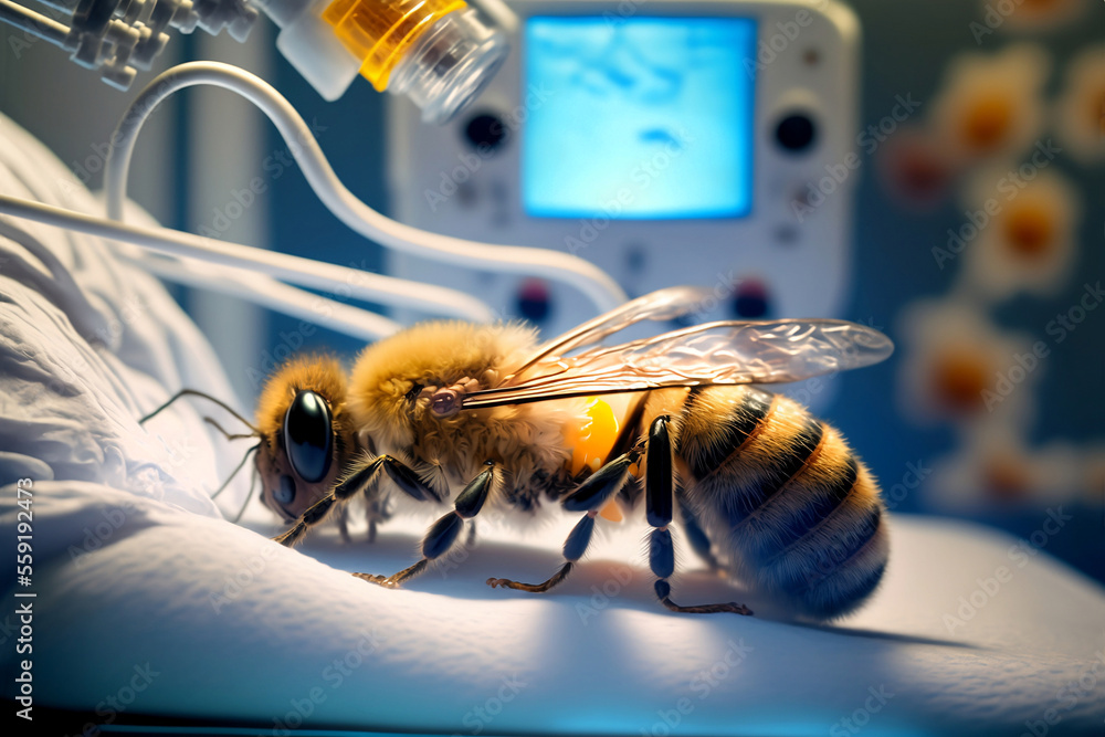 Caring Bees Bumble bee in intensive care concept. Generative AI, this image is not ...