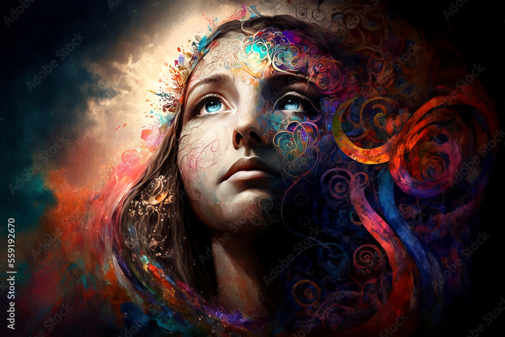 Woman looking upwards, connecting  to the divine. Generative AI, this image is not based on any original image, character or person.