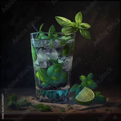a glass of mint water with a lime slice and mint leaves on a tablecloth with a black background and a black background behind it, with a bit of light and shadow, and a.