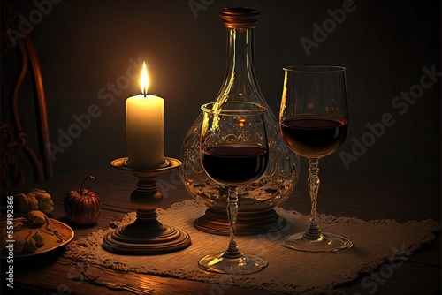 a candle and two glasses of wine on a table with a plate of food and a candle holder on a table cloth with a candle and a plate with a pumpkin on it and a.