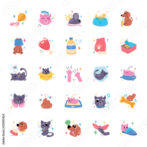 Set of Cats and Dogs Flat Stickers 

