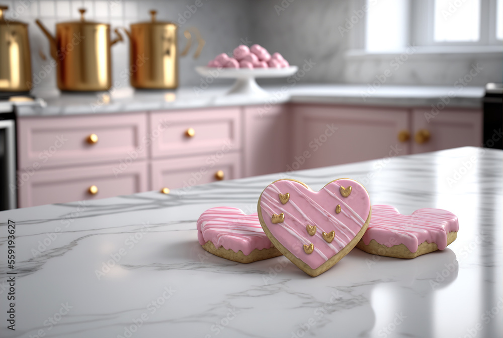 Delicious pink heart cookies on white marble table, Generative AI Delicious pink heart cookies on white marble table, Generative AI