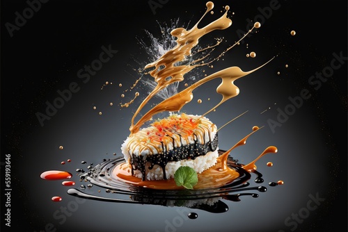  a cake with chocolate and orange icing on a black surface with a splash of liquid on top of it and a sprinkle of orange and white icing on the top of the cake., generative ai photo