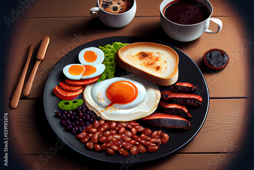 Full fry up English breakfast with fried eggs with vitamin and nutrition