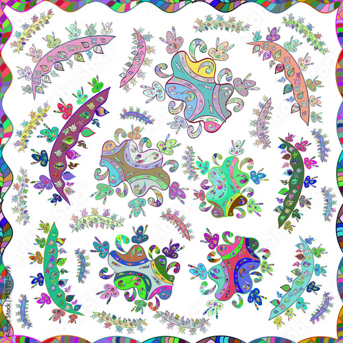 Seamless pattern with interesting doodles on colorfil background. illustration.