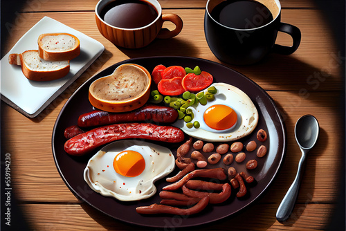 Natural Full fry up English helahty breakfast with fried eggs photo