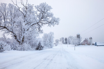 Farm in winter along a road with trees in Minnesota on a frosty snowy morning
