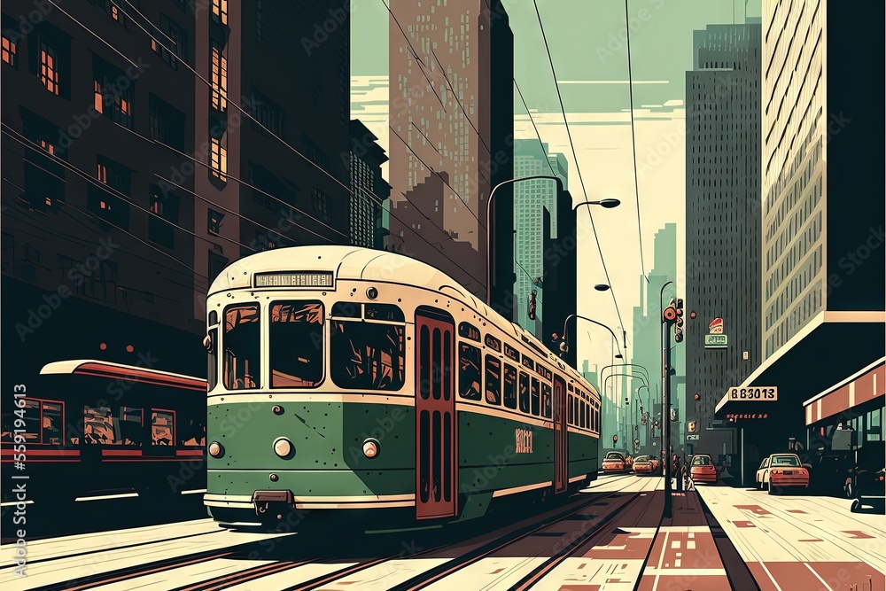 a green and white trolley on a city street with tall buildings in the background and a red and white tram on the tracks in the foreground, and a red and white tram on the. - obrazy, fototapety, plakaty 
