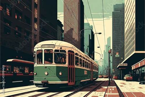a green and white trolley on a city street with tall buildings in the background and a red and white tram on the tracks in the foreground, and a red and white tram on the.