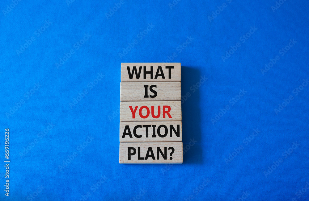 Obraz premium What is your action plan symbol. Wooden blocks with words What is your action plan. Beautiful blue background. Business and What is your action plan concept. Copy space
