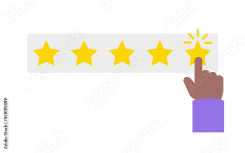 Dark skinned hand clicks on 5 stars app rating. Vector illustration isolated on white background.
People leave feedback and comments. Star Rating, Classification Positive Customer Reviews Feedback Con