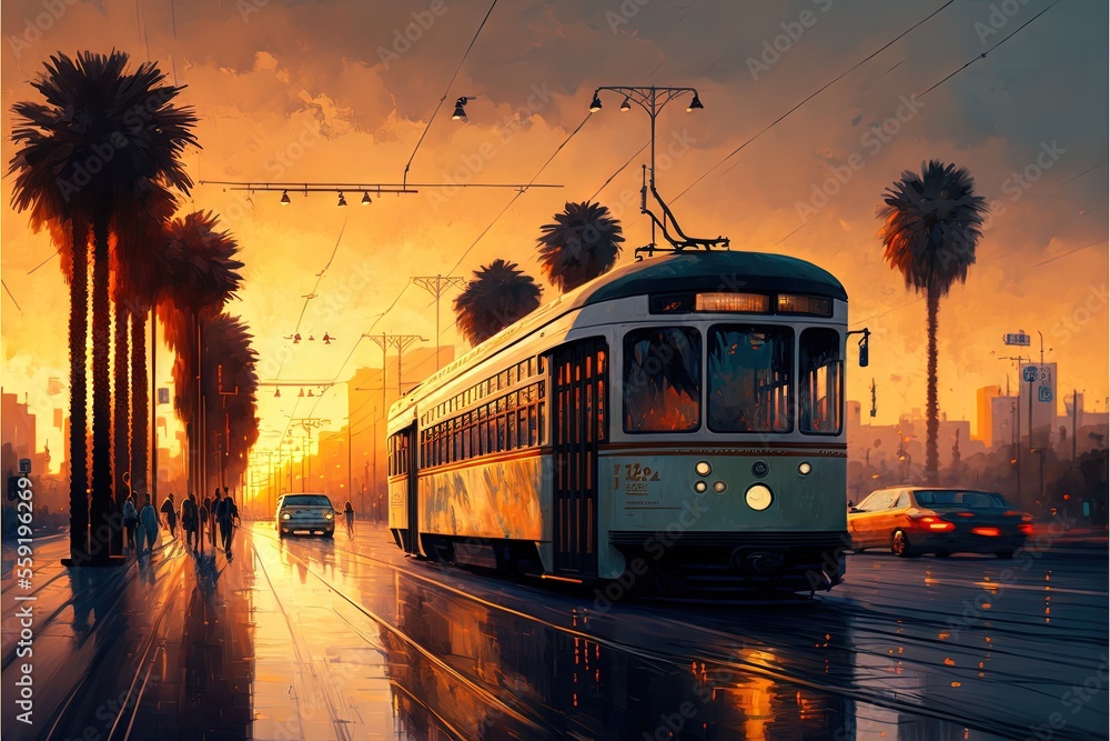 a painting of a trolley on a city street at sunset with palm trees and a car passing by on the road with a yellow sky and orange background with clouds and sun reflecting on the.