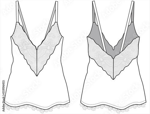 CAMI,NIGHTWEAR TOP WITH LACE DETAIL AND ADJUSTABLE STRAP IN EDITABLE VECTOR FILE