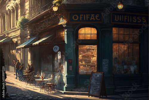 a painting of a cafe with a person sitting at a table outside of it and a person standing outside the window of the building with a bicycle parked in front of the building. Generated AI