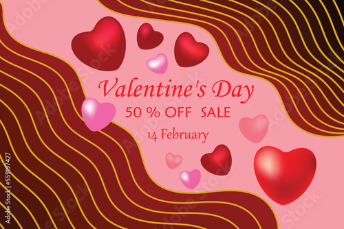 Valentine's Day Sale 50% off Poster or banner with hearts. Background for Love and Valentine's day concept.