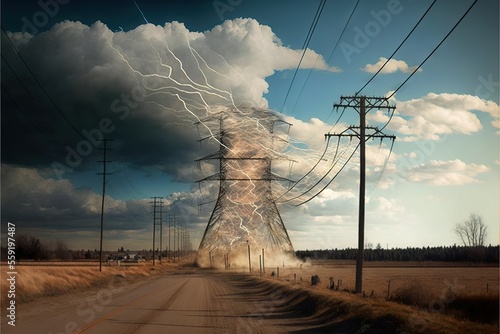 a large electrical tower with a lot of wires above it and a road running through it with a sky full of clouds and a car driving on the road with a car in the foreground. photo