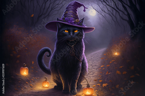 Black cat wearing a witch hat on a cobblestone path with lighted pumpkins  in fa Fototapet