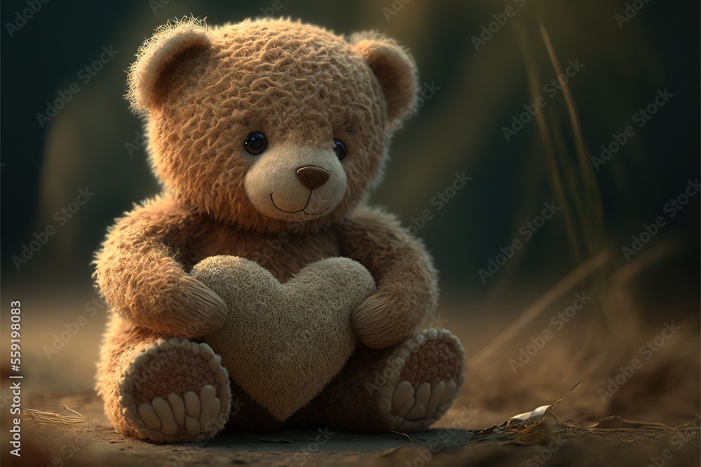 a teddy bear sitting on the ground holding a heart shaped object in its paws and looking at the camera with a sad look on his face, with a dark background of grass and leaves. a teddy bear sitting on the ground holding a heart shaped object in its paws and looking at the camera with a sad look on his face, with a dark background of grass and leaves.
