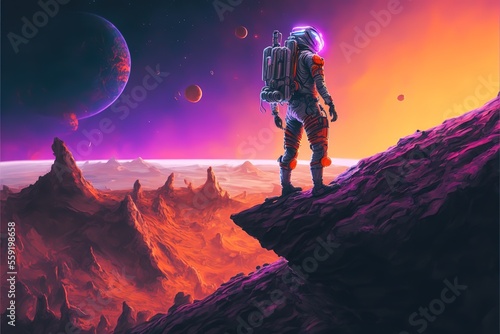 An astronaut stands on a rock and looks into the distance © Анастасия Птицова