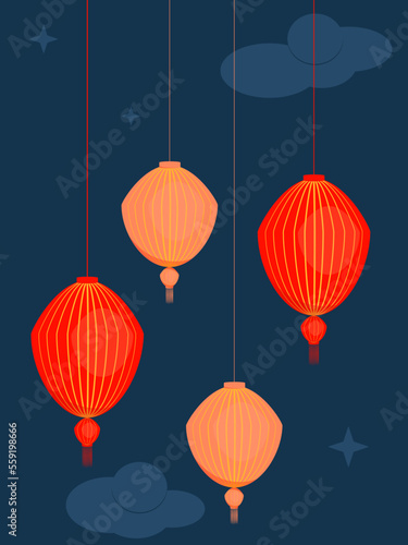 Chinese lantern on the blue background. Lantern festival. Chinese new year. 