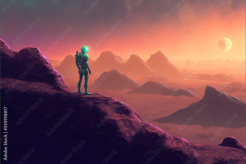 An astronaut stands on a rock and looks into the distance