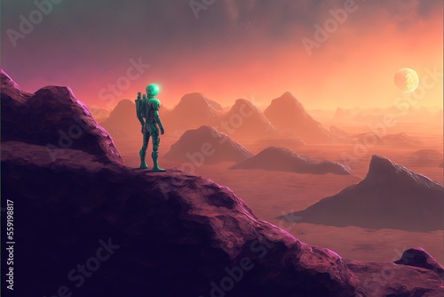 An astronaut stands on a rock and looks into the distance