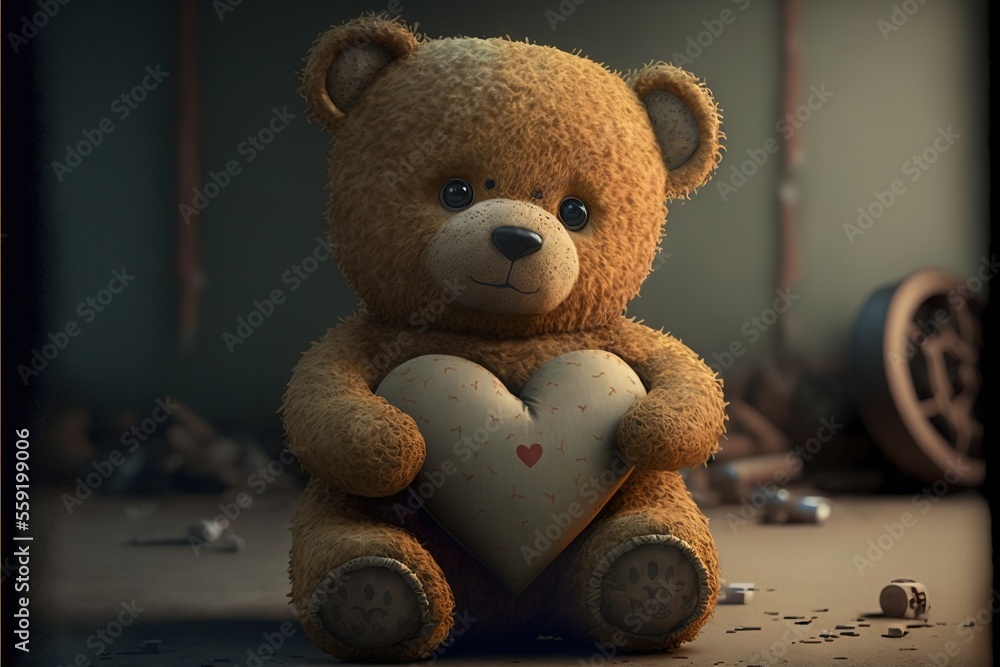 a teddy bear sitting on the ground with a heart in its paws and a broken heart in the middle of the floor, with a wheel and a wheel in the background, and a. a teddy bear sitting on the ground with a heart in its paws and a broken heart in the middle of the floor, with a wheel and a wheel in the background, and a.
