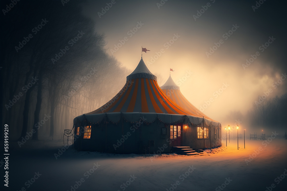 cozy winter circus in the early morning, generative ai