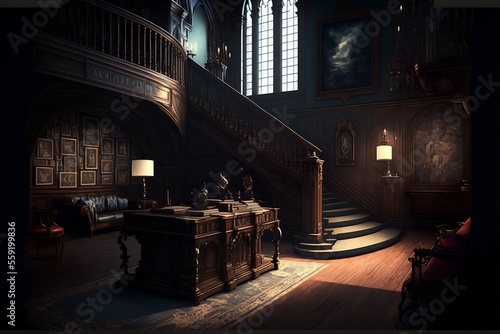 Dark victorian style mansion interior design with wooden stairs 